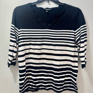 Roz & Ali Black and White Striped Top, Scalloped Collar, Women's Size 1X
